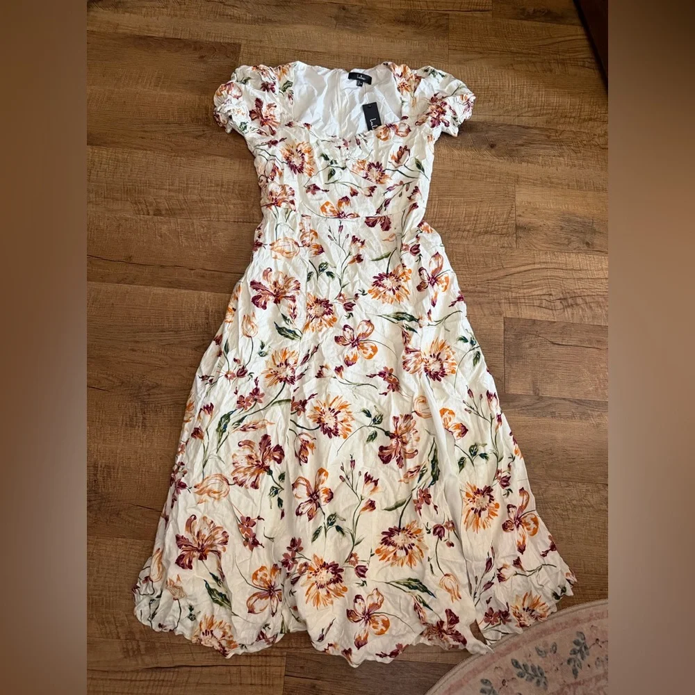 Lulus Parisian Picnic Cream Floral Jacquard Puff Sleeve Midi Dress - Picture 4 of 7